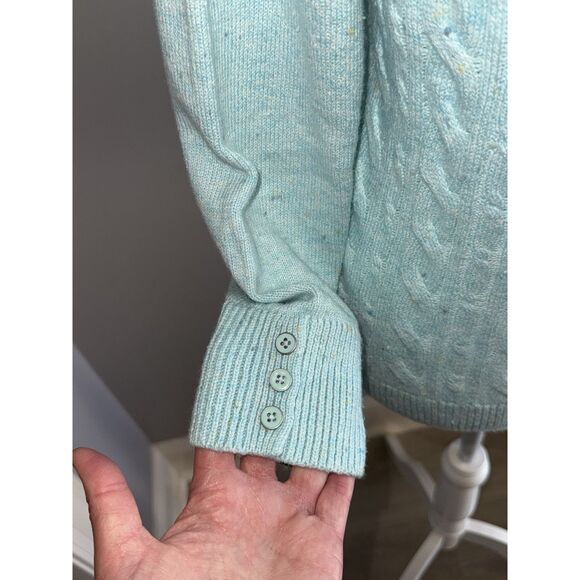Talbots Tweed Cable Knit Sweater Light Blue Speckled Crew Neck Button Medium Pet - Picture 8 of 16